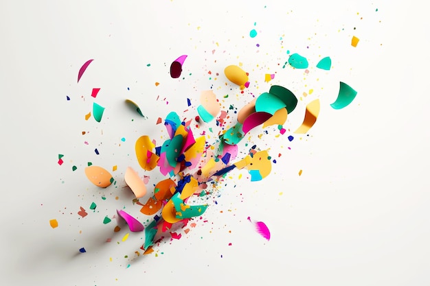 a closeup of a handful of colorful confetti falling onto a blank white background