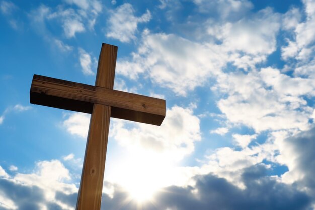 Photo closeup of a handheld wooden cross against a bright sky