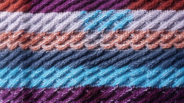 A closeup of a handknit woolen plaid composed of various yarns as a background