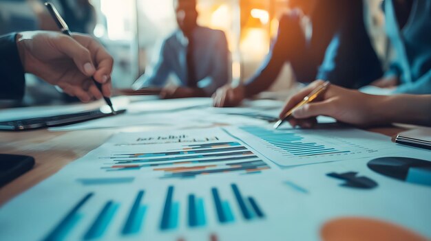 closeup of hands analyzing data with charts and graphs