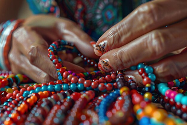 Closeup of hands assembling delicate beaded jewelr