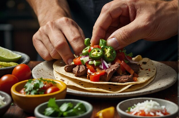 A closeup of hands assembling a fajita taco with sav