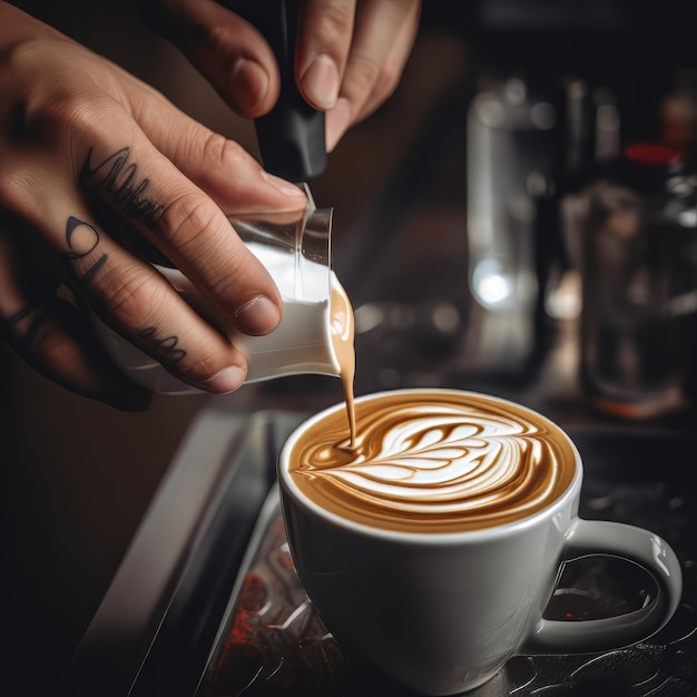 Closeup of hands barista make latte coffee art