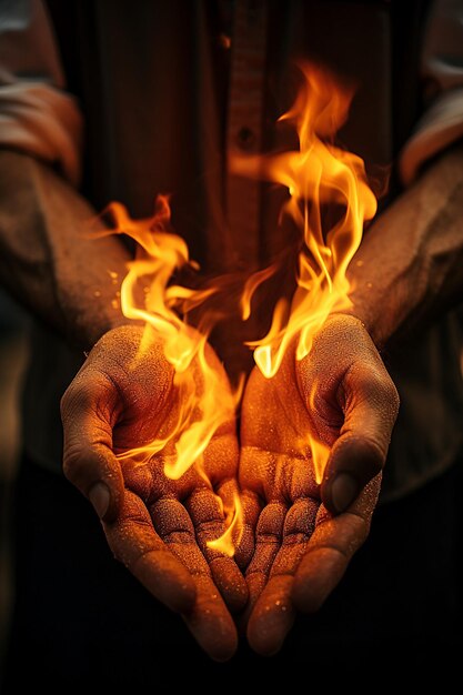 Photo closeup of hands being warmed by the fire highlighting the textures and the golden glow of flames