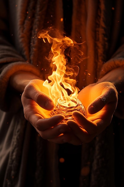 Foto primo piano delle mani che si scaldano dal fuoco evidenziando le texture e il bagliore dorato delle fiamme