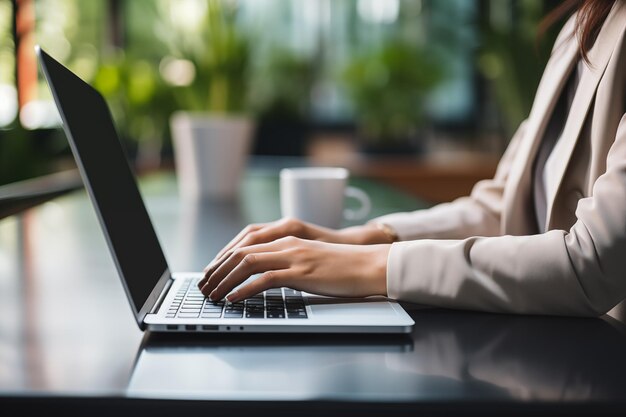 closeup of hands of businessman pressing on laptop keyboard freelancer technology finance and business