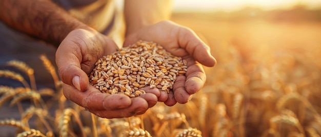 Closeup of hands carefully holding a bounty of harvested wheat grains in a warm