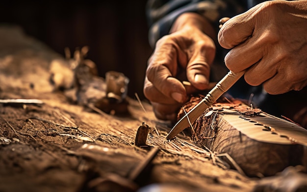 CloseUp of Hands Carving a Wooden Piece with a Chisel