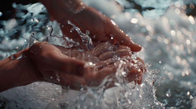 Близкий взгляд на руки, ловящие чистую брызги воды, символизирующей чистоту и жизнь
