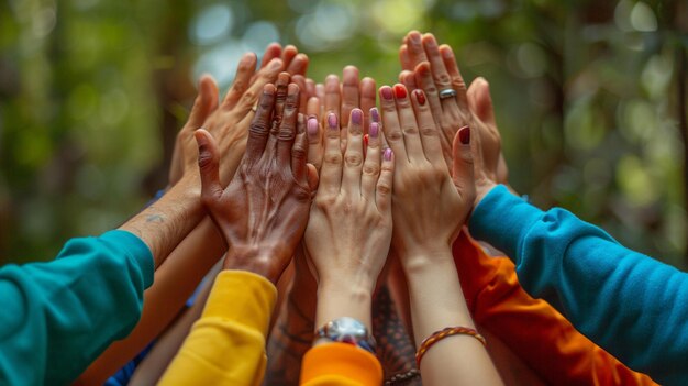 Foto un primo piano delle mani che festeggiano la squadra