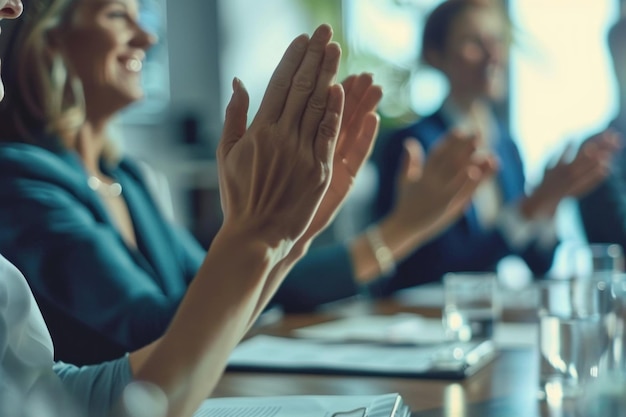 Closeup of hands clapping at a corporate event signaling a triumphant presentation or deal