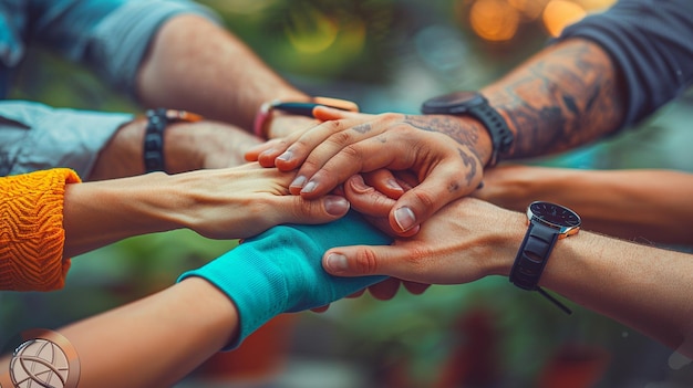 Foto un primo piano delle mani che collaborano sullo sfondo