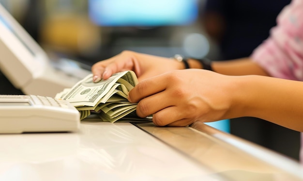 Photo closeup of hands counting money at a bank counter