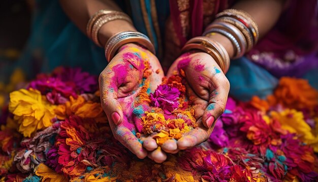 closeup of hands covered in various colored powders