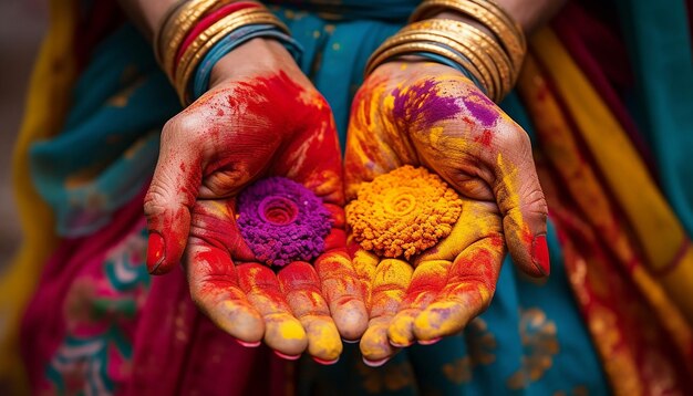 closeup of hands covered in various colored powders