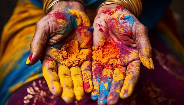 closeup of hands covered in various colored powders