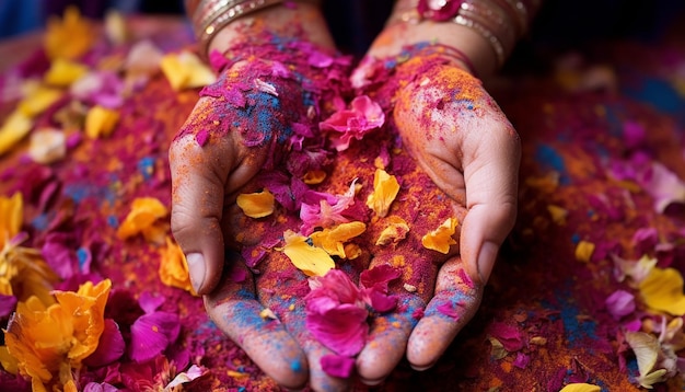 closeup of hands covered in various colored powders