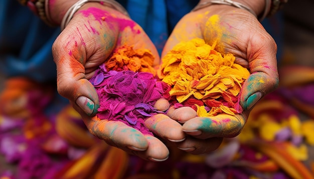 closeup of hands covered in various colored powders