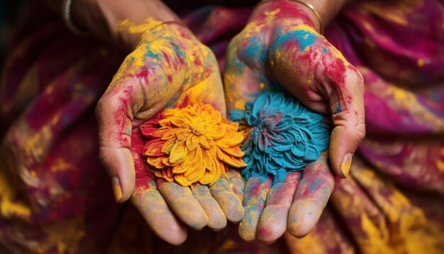 closeup of hands covered in various colored powders