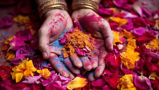 closeup of hands covered in various colored powders