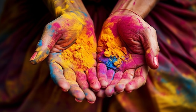 closeup of hands covered in various colored powders