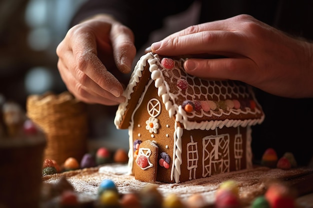 A closeup of hands decorating a gingerbread house