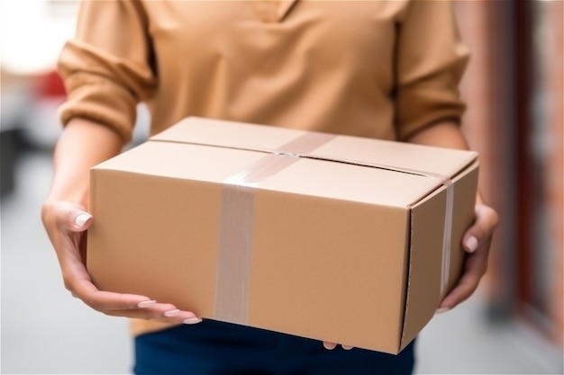 Closeup hands of delivery person holding package to deliver Courier hand holding brown box