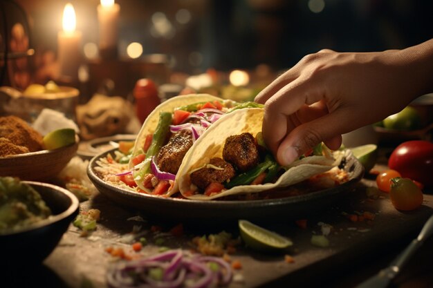 Photo closeup of hands embling a taco with various generative ai