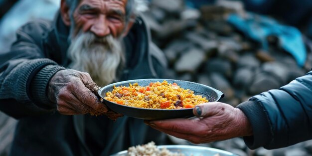 Closeup of hands feeding an elderly destitute guy Generative Ai