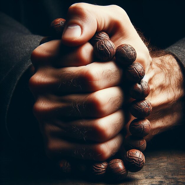 CloseUp of Hands Firmly Holding a Worn Tasbih Symbolizing Intense Depth of Prayer