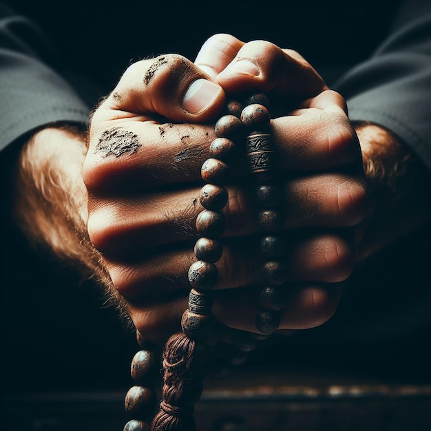 激しい 祈り の 深さ を 象徴 する 着用 さ れ た タスビヒ を 固く 握っ て いる 手 の 近い 姿