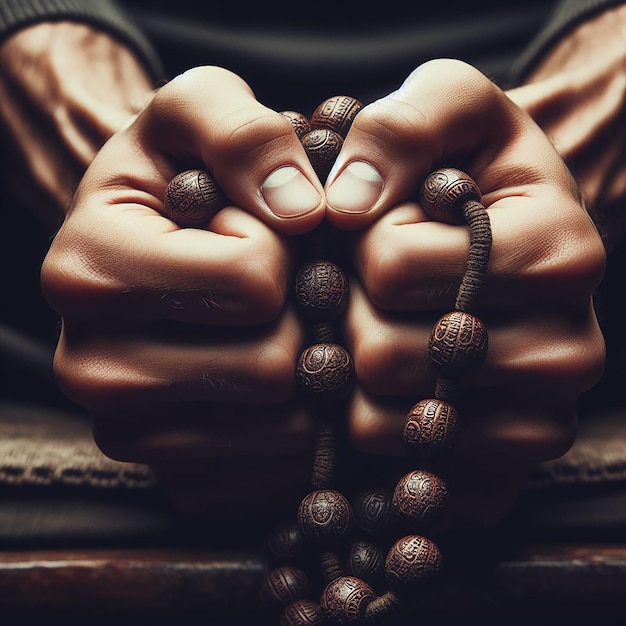 Близкие руки, твердо держащие ношенный тасбих, символизирующие интенсивную глубину молитвы
