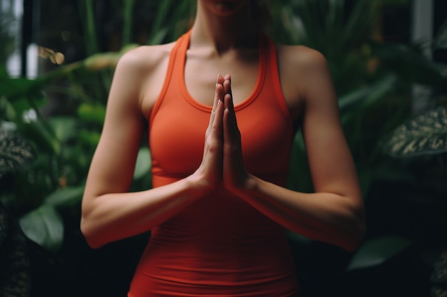 Foto close-up di mani che formano una forma di cuore in posa yoga