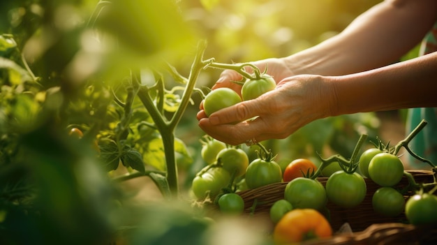 Closeup of hands gently harvesting ripe and unripe tomatoes from a lush garden