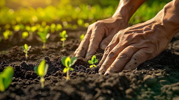 Близкий план рук, осторожно сажающих саженцы в плодородной почве на рассвете, передающий рост, поддерживающий экологически чистую жизнь, идеально подходит для экологических тем.