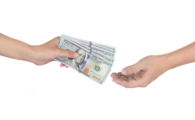 Closeup hands giving money isolated on white background