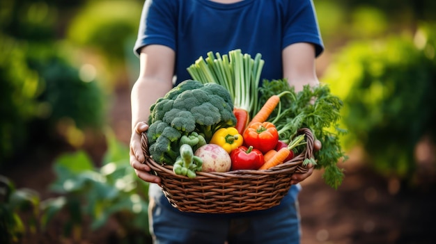 Closeup of hands holding a basket of freshly harvested vegetables