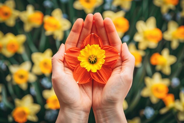 Foto prossimo piano di mani che tengono bellissimi fiori di narcisi