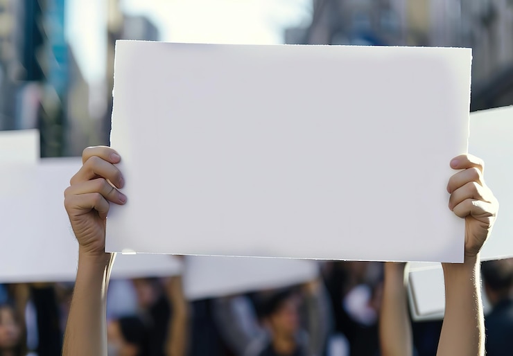 Photo closeup of hands holding blank white signs at outdoor rally blurred cityscape background soft lig