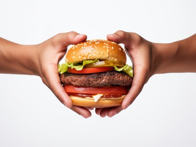 Photo closeup hands holding hamburger on white background fast food tasty generative ai