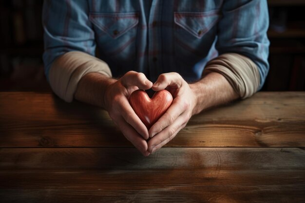 Foto un primo piano di mani che tengono una lettera accorata vicino a un tavolo di legno