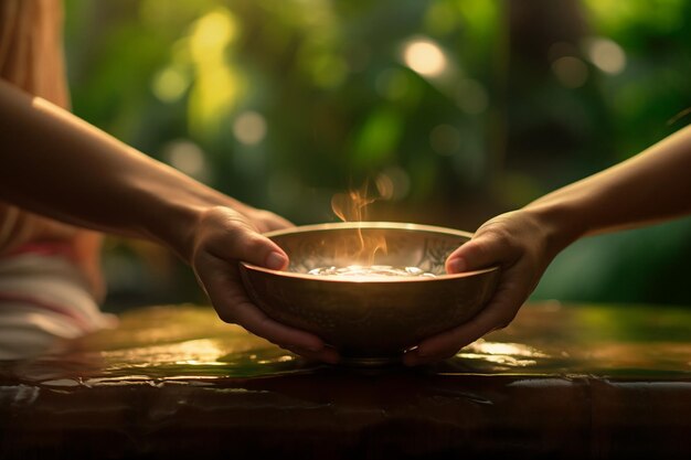 Photo closeup of hands holding a meditation bowl in a generative ai