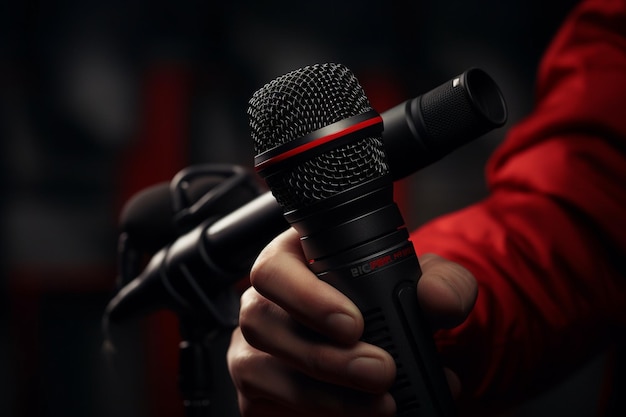 Closeup of hands holding a microphone and camera s 00094 02