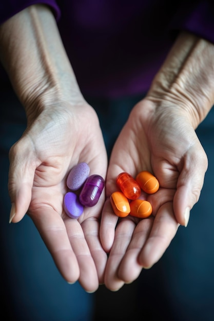 Closeup of hands holding prescription pills created with generative ai