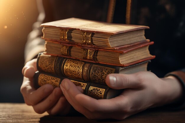 Closeup of hands holding a stack of books Generative ai