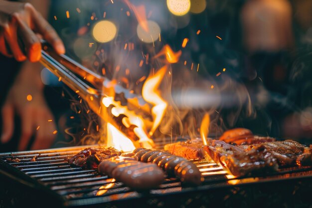 Photo closeup of hands holding tongs and turning meat on the grill