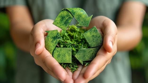 Primo piano delle mani che tengono un vivace simbolo di riciclaggio verde che promuove la consapevolezza ambientale e la riduzione dei rifiuti