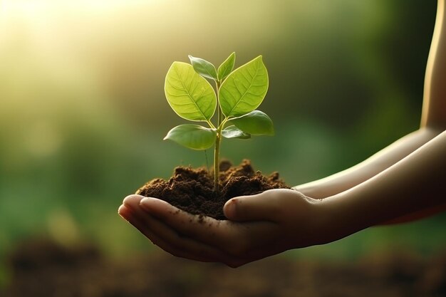 Closeup of hands holding a young plant against a b 00101 03