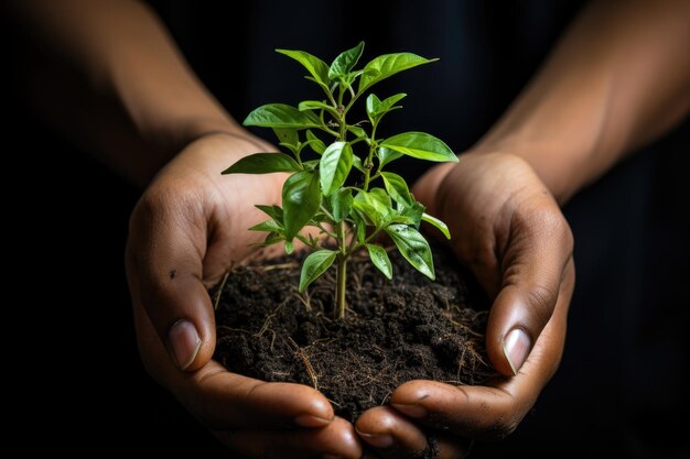 Closeup hands holding young plant earth day and save environment concept Generative AI