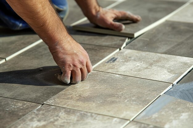 Closeup of hands installing new tiles or flooring